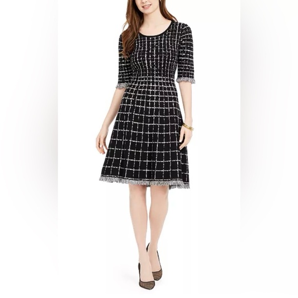 Taylor Plaid Fringe Trim Sweater Dress - Picture 1 of 6